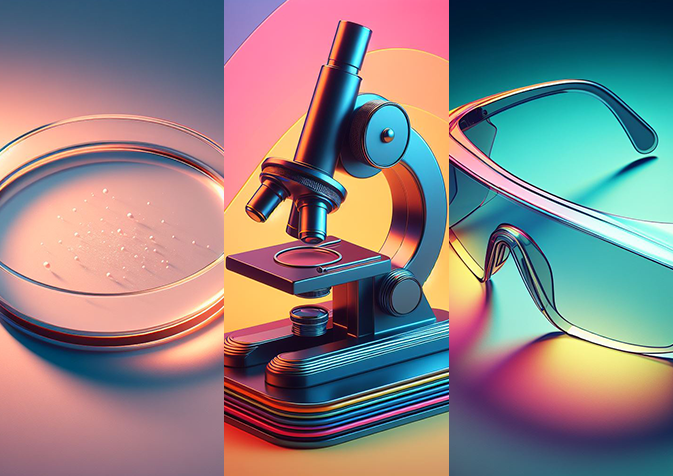 Triptyque laboratoire boîte de pétri, microscope, lunette