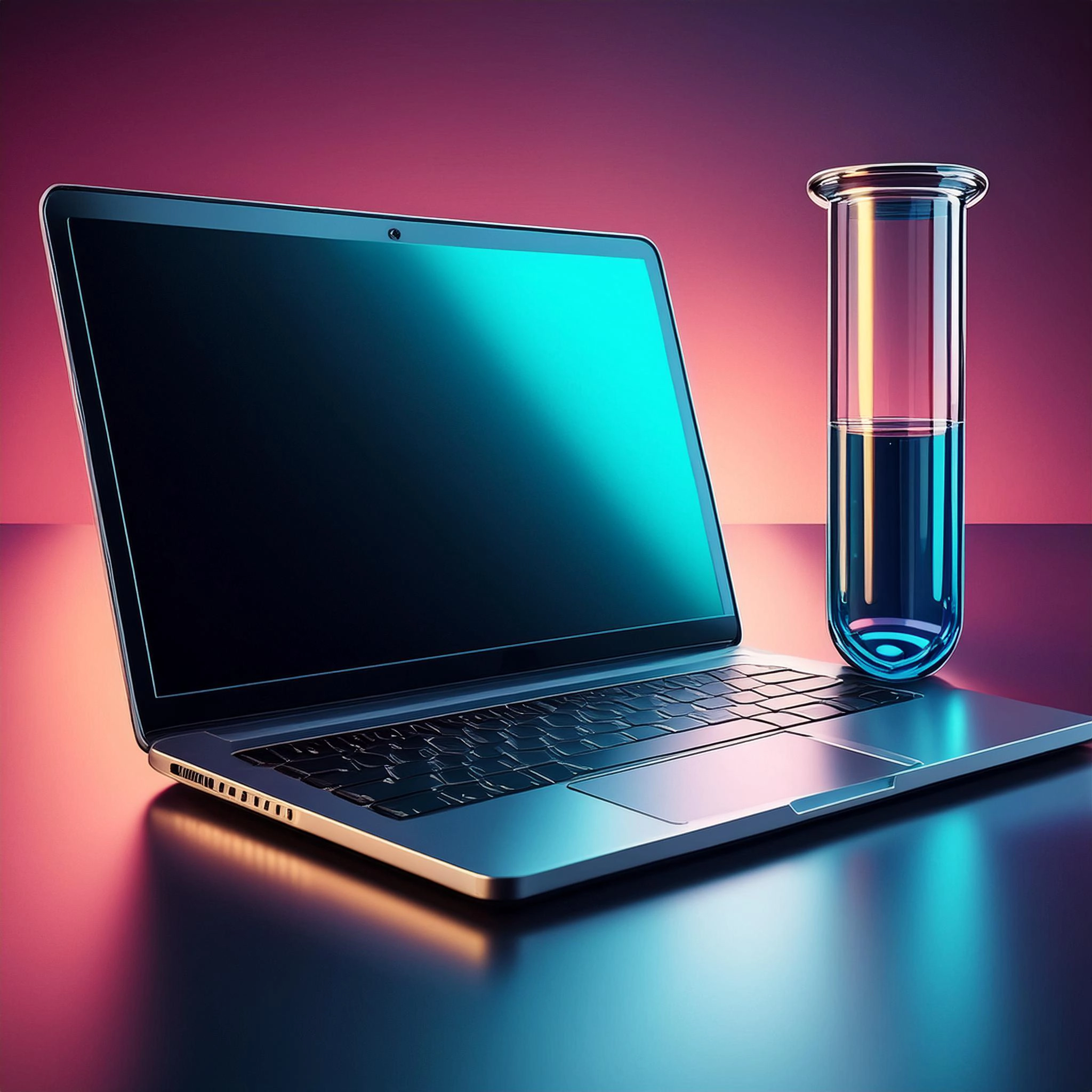 Laptop mit schwarzem Bildschirm und Reagenzglas, Hintergrund mit rotem und blauem Farbverlauf