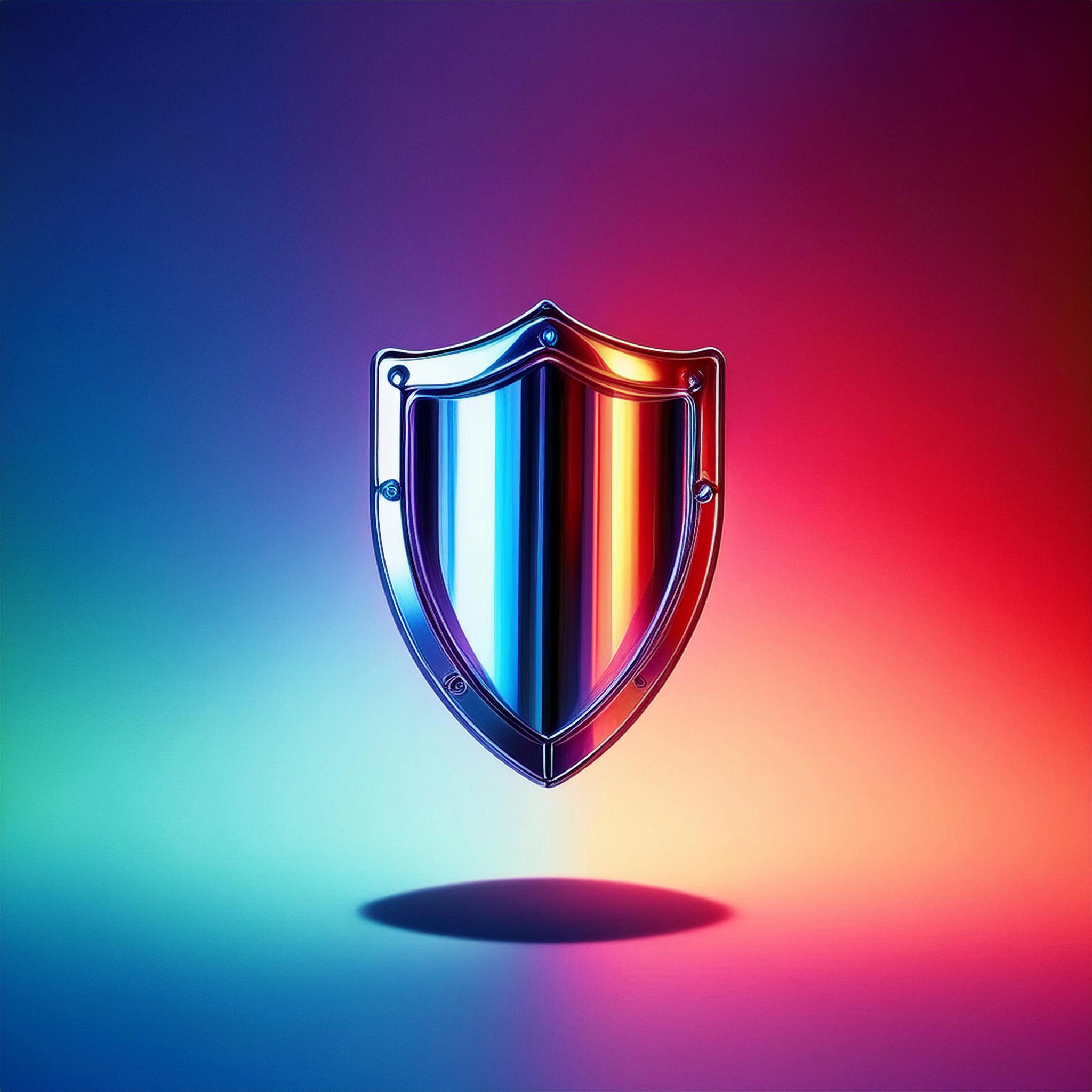 floating metallic shield with blue, purple and red gradient background