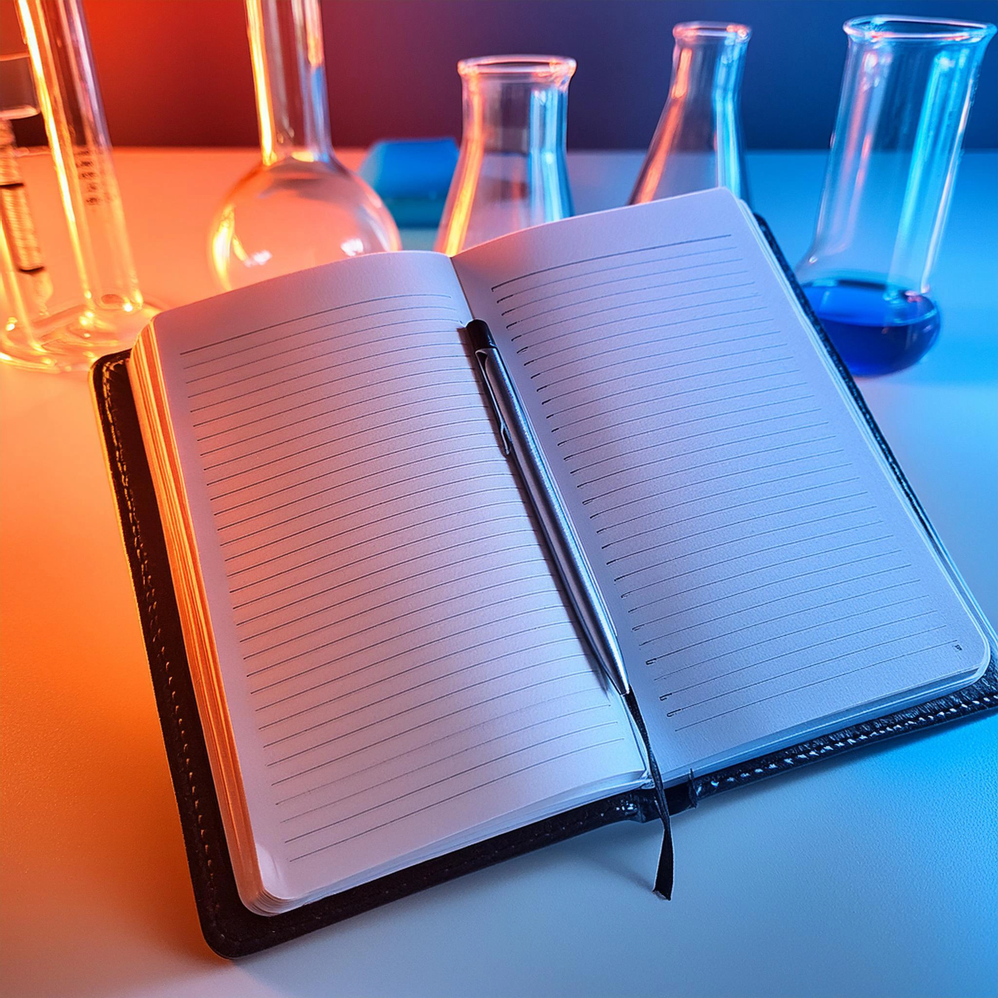 open paper laboratory notebook with test tubes in the background