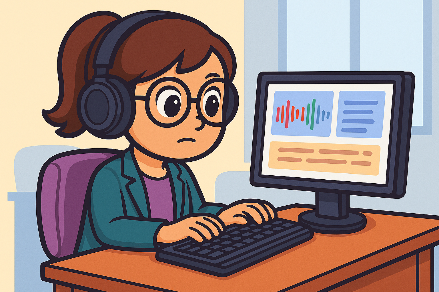 Ricercatrice che realizza una trascrizione sul proprio computer