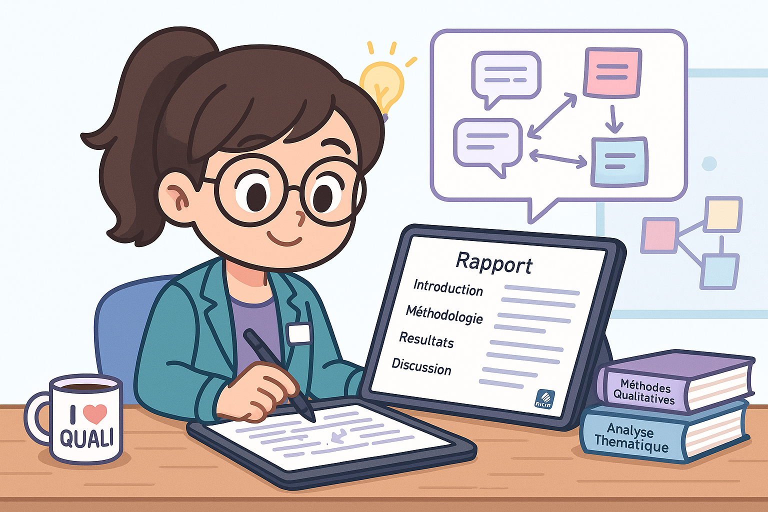 Chercheuse qui structure sa présentation de résultats qualitatifs